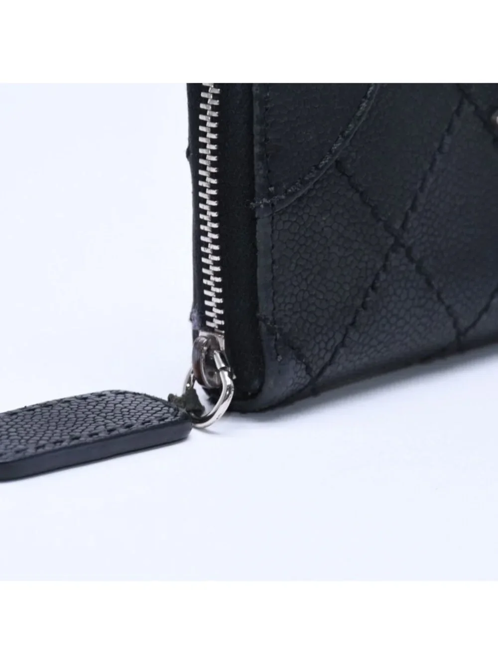 Chanel Leather Wallet Card Case CC Logo Wild Stitch Caviar Black Silver